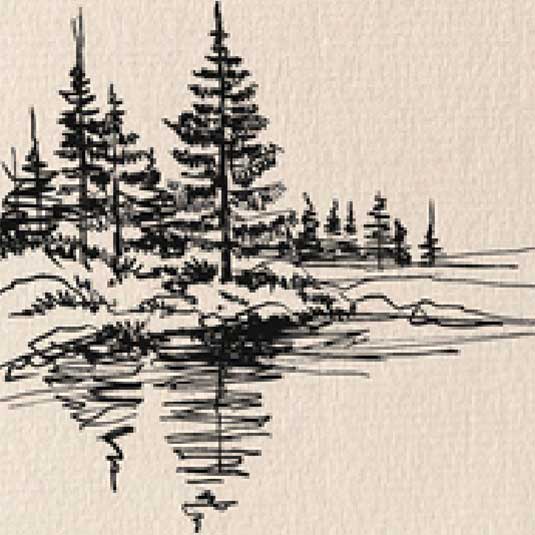 Dessin de paysage avec conifères et reflets sur l'eau, exercice de composition
