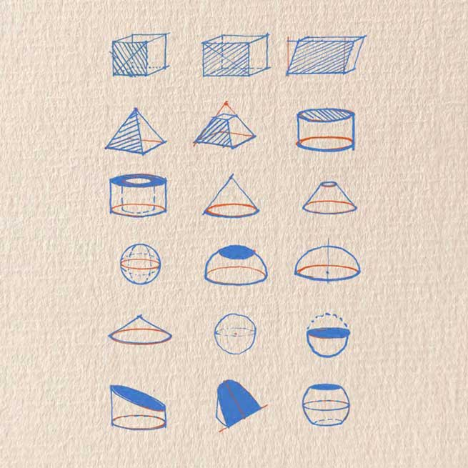Les 6 formes fondamentales du dessin : cube, cylindre, sphère, cône, prisme, pyramide