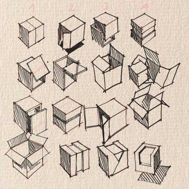 Exercice de dessin pour assembler plusieurs volumes dans l'espace