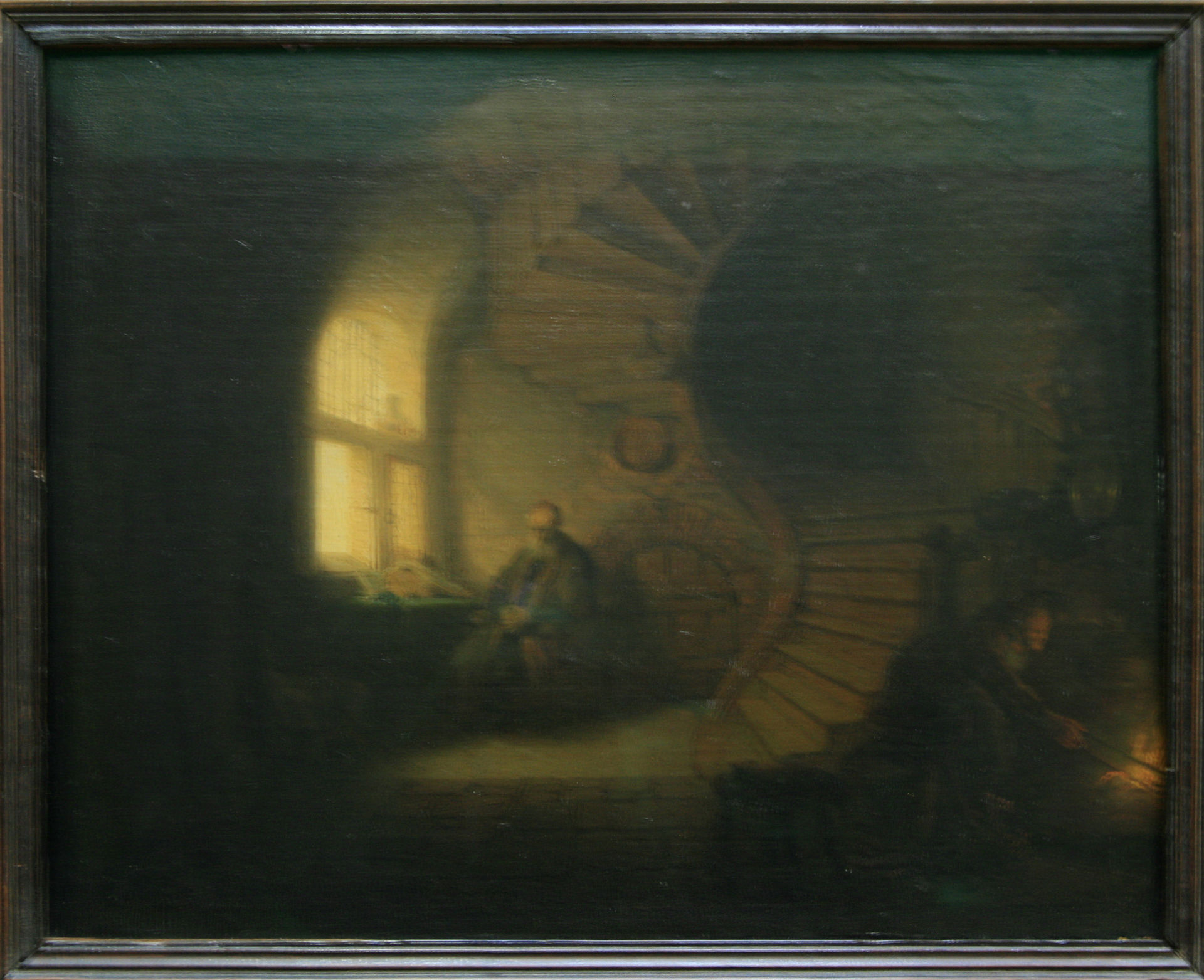 Rembrandt van Rijn — Philosophe en méditation, lumière filtrant par une fenêtre en spirale