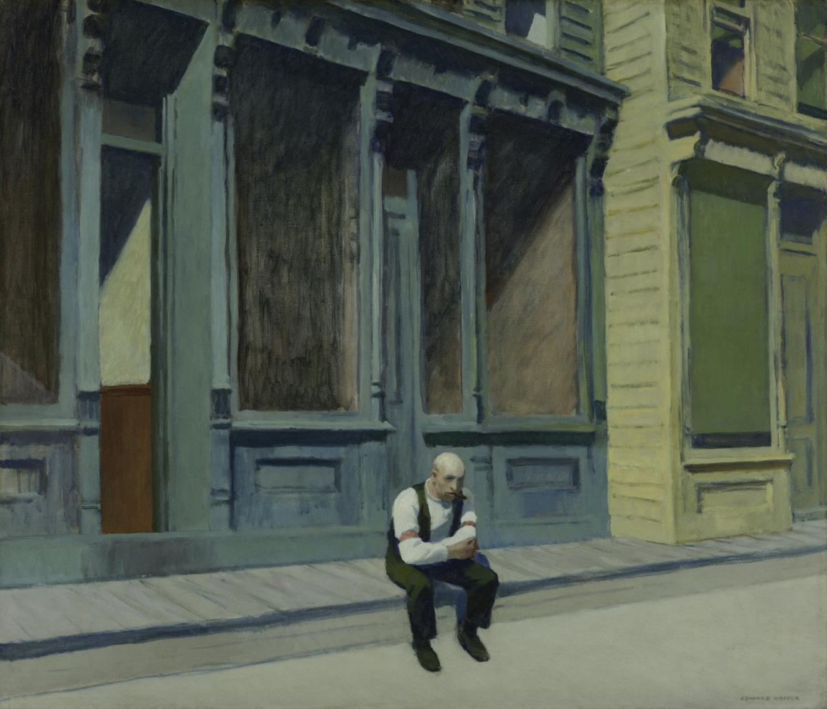 Edward Hopper — Sunday, 1926, homme seul assis devant un commerce fermé