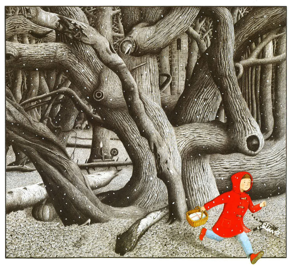 Anthony Browne — un enfant en manteau rouge traverse une forêt d'arbres enchevêtrés