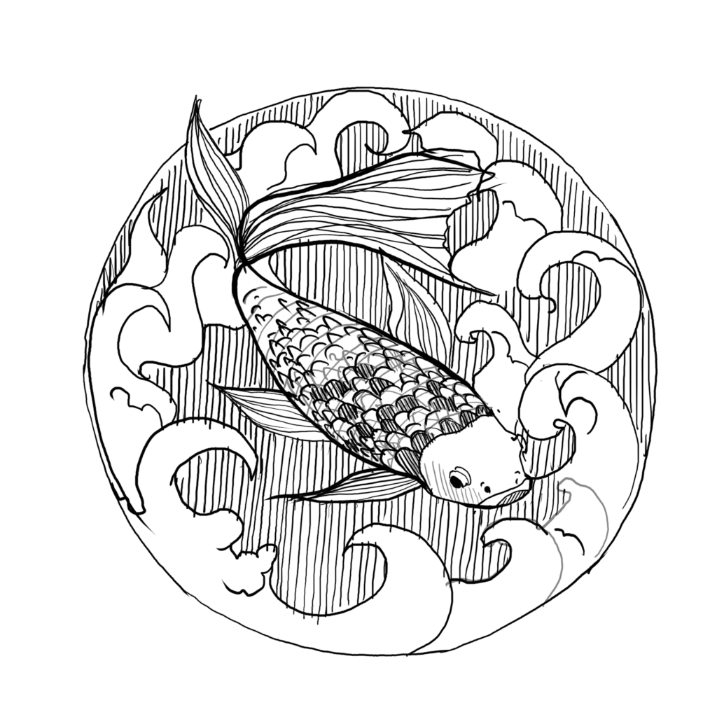 Dessiner les animaux - carpe koi saisie au trait, modèle vivant pour dessin animalier