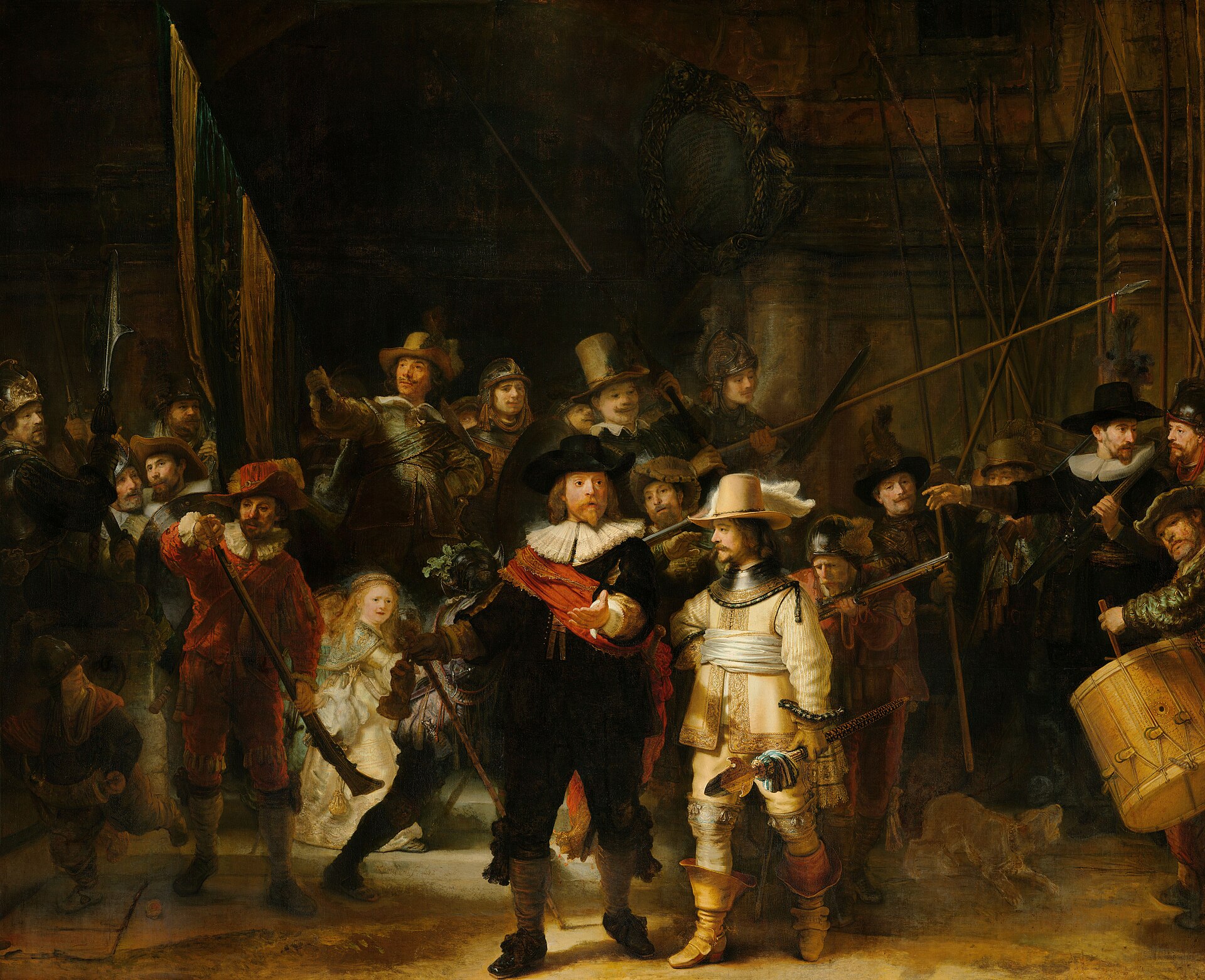 Rembrandt van Rijn — détail de La Ronde de Nuit, lumière et clair-obscur dramatique